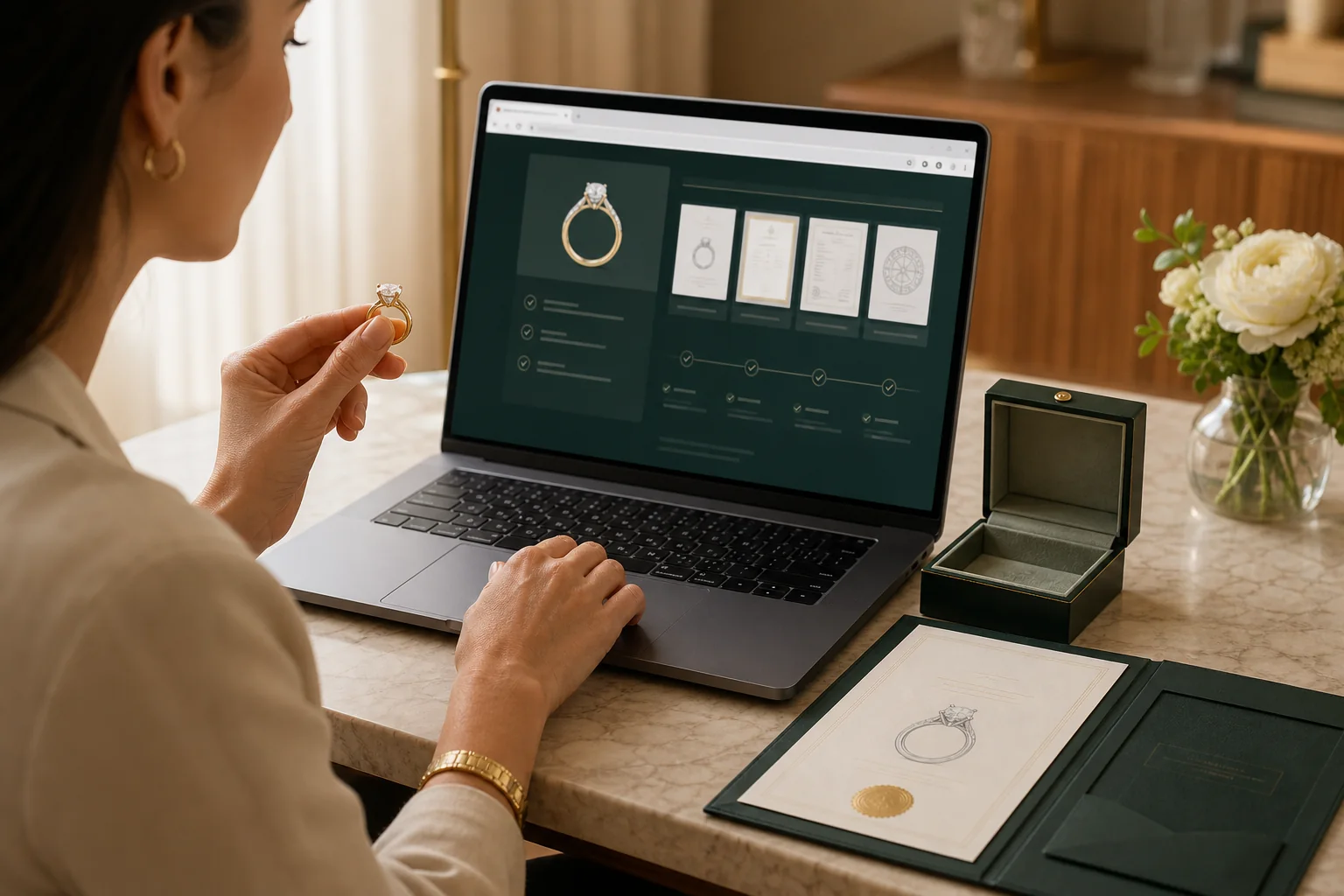 Kundin vergleicht ihren Ring mit dem digitalen Schmuckpass und den hinterlegten Nachweisen.