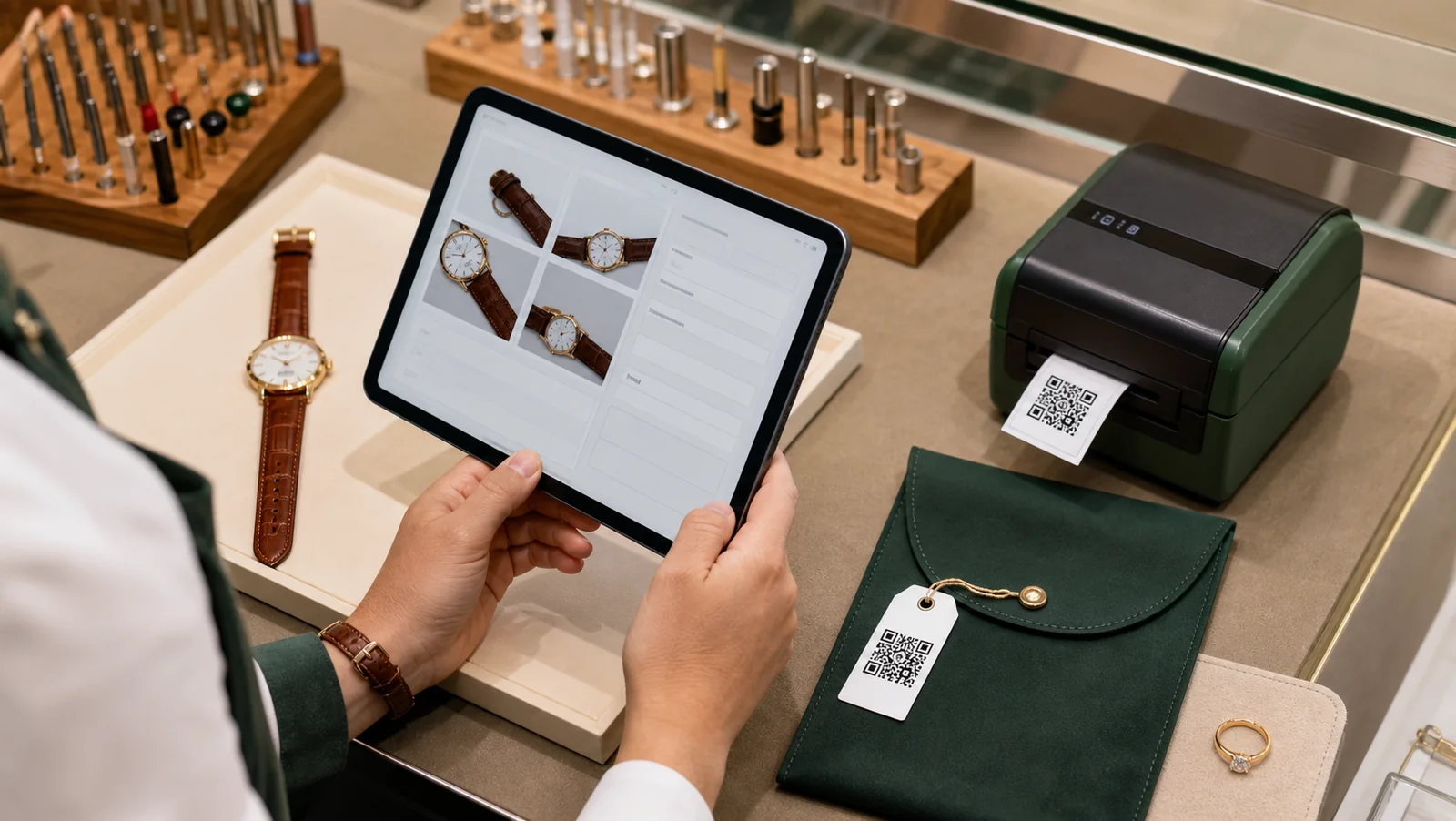 Digitale Annahme einer Uhr mit Tablet, QR-Etikett und Reparaturbeutel.